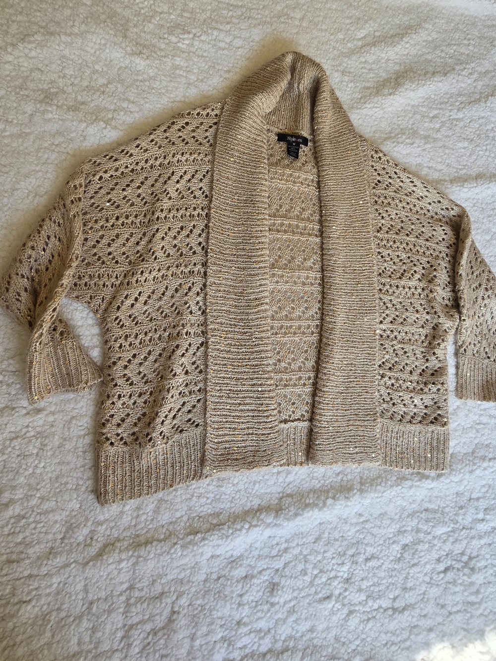 Style & Co Cream Open Knit Sequin Cardigan Size M Y2K